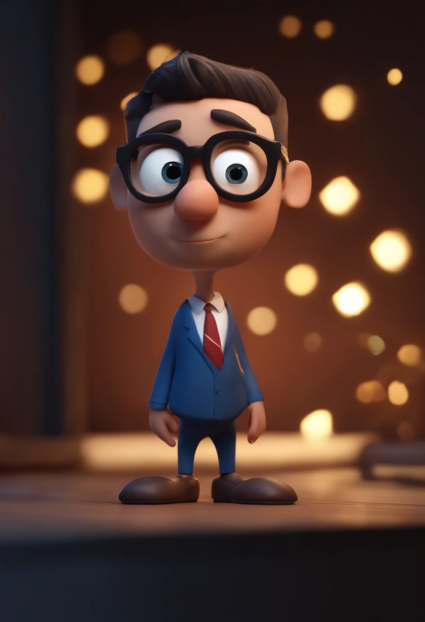 Cartoon character of a man wearing black glasses and a blue shirt, um personagem animado, Caractere estilizado, animation style rendering, 3D estilizado, Arnold Maya render, 3 d render stylized, toon render keyshot, Personagem 3D, Personagem 3D, 3d rendering stylized, 3 d character render, personagem de desenho animado, Personagem de close up, Pose de personagem, (Estilo Pixar) (master part:1.2) (Bokeh) (best quality) (pele detalhada) (textura detalhada) (8k) (argila) (Cinematic lighting) (foco nítido，Senta e vaza a parte superior do corpo