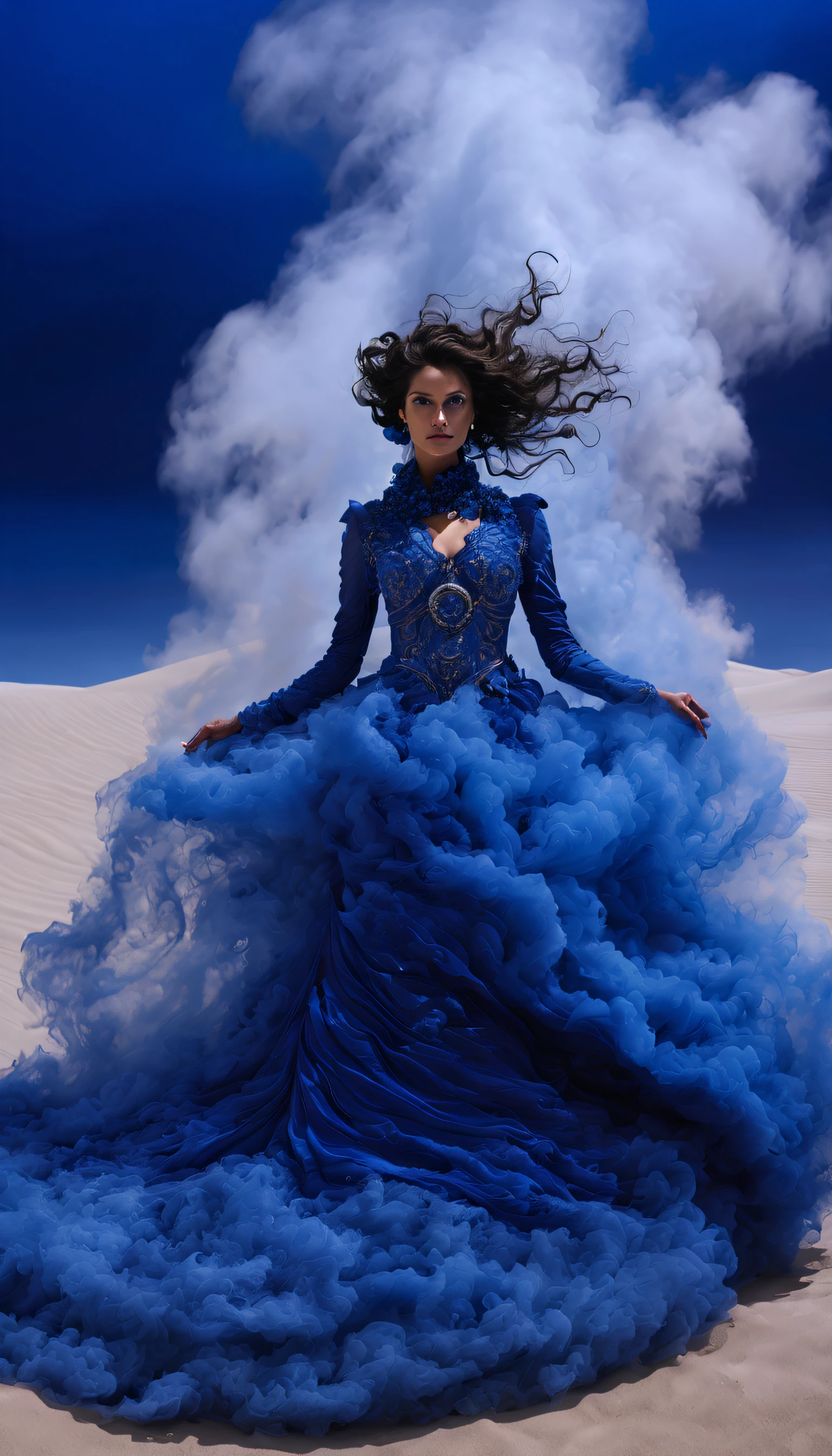 (Photograph of a female model in sapphire blue ocean haute couture standing in the desert),Haute couture, Witch costume
background:Jupiter,reef,Sand and foam are swirling,Blue gas vortex, swirling sand and foam, Dust swirls like foam,