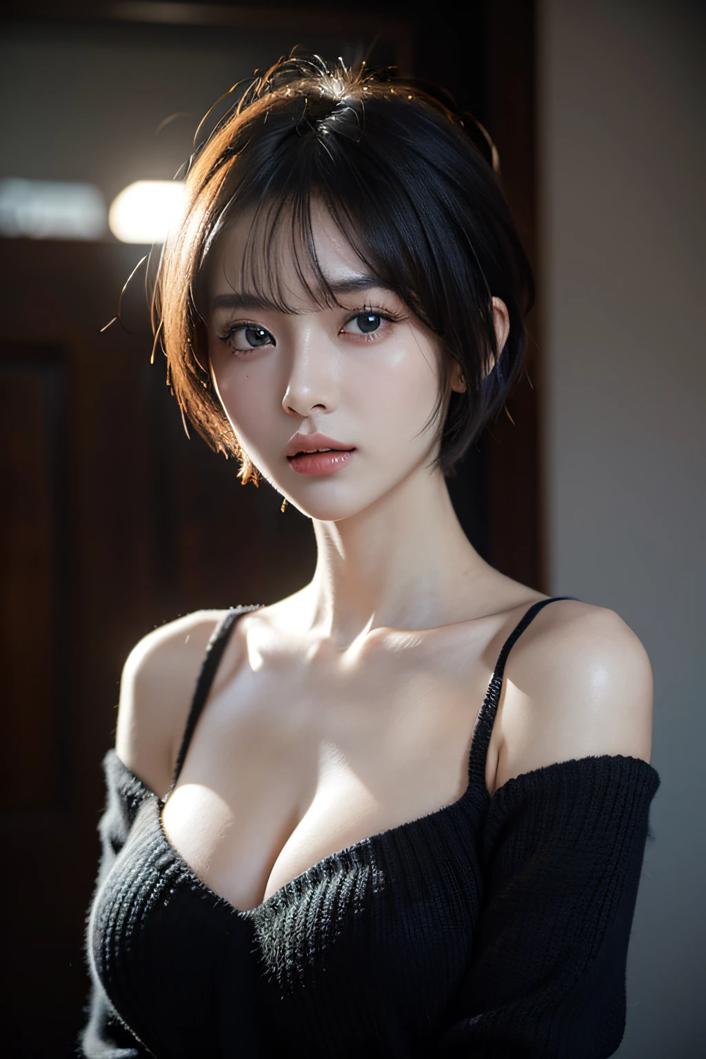 超A high resolution,masutepiece,Best Quality, ,perfect glossy shiny skins,Perfect Lighting,Detailed Lighting,Dramatic shadows,Ray tracing, 1girl in,Upper body,Black sweater,Looking at Viewer, off shoulders, Big breasts, Exposed cleavage, Blue eyes, Sharp face, Sharp eyes, Cyberpunk、Pixie cut