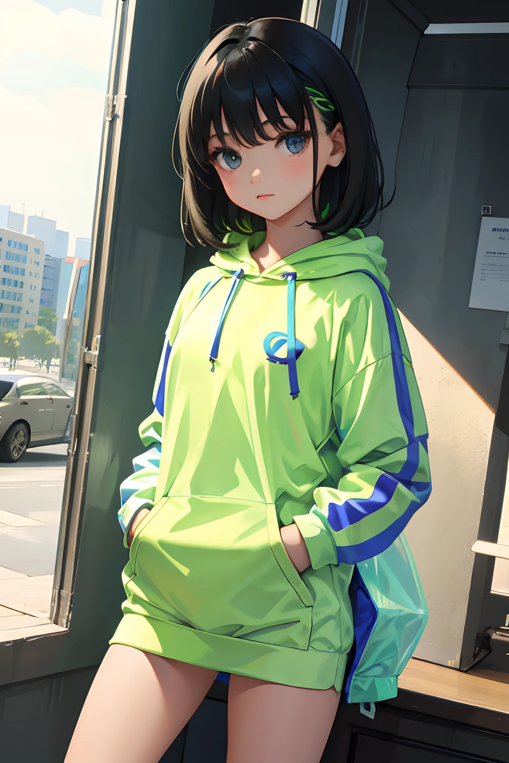 child,(masterpiece,Highest Quality),Sportsbra,Light green sheer hoodie,A dark-haired