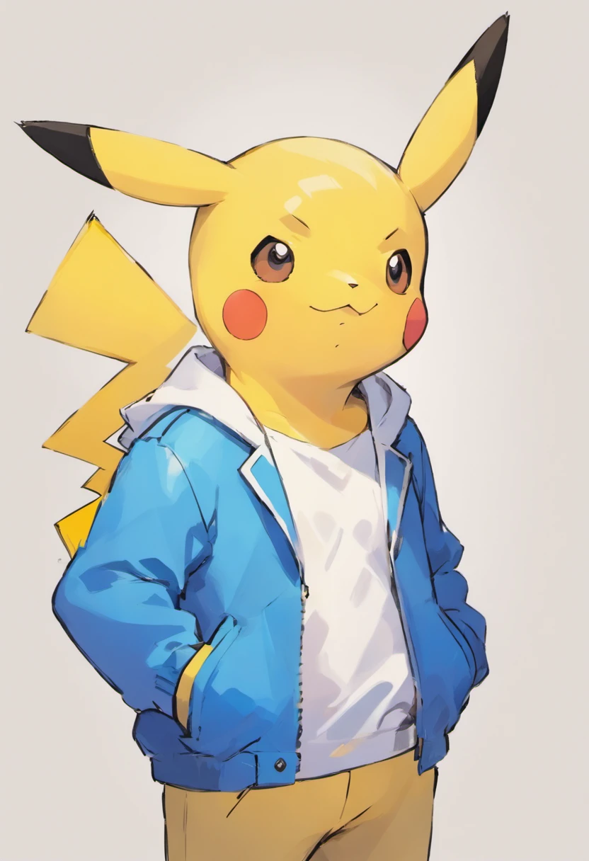 Pokémon: Pikachu wears a white shirt and a blue jacket
