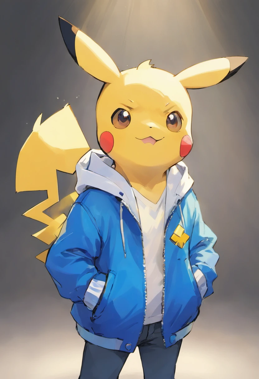 Pokémon: Pikachu wears a white shirt and a blue jacket