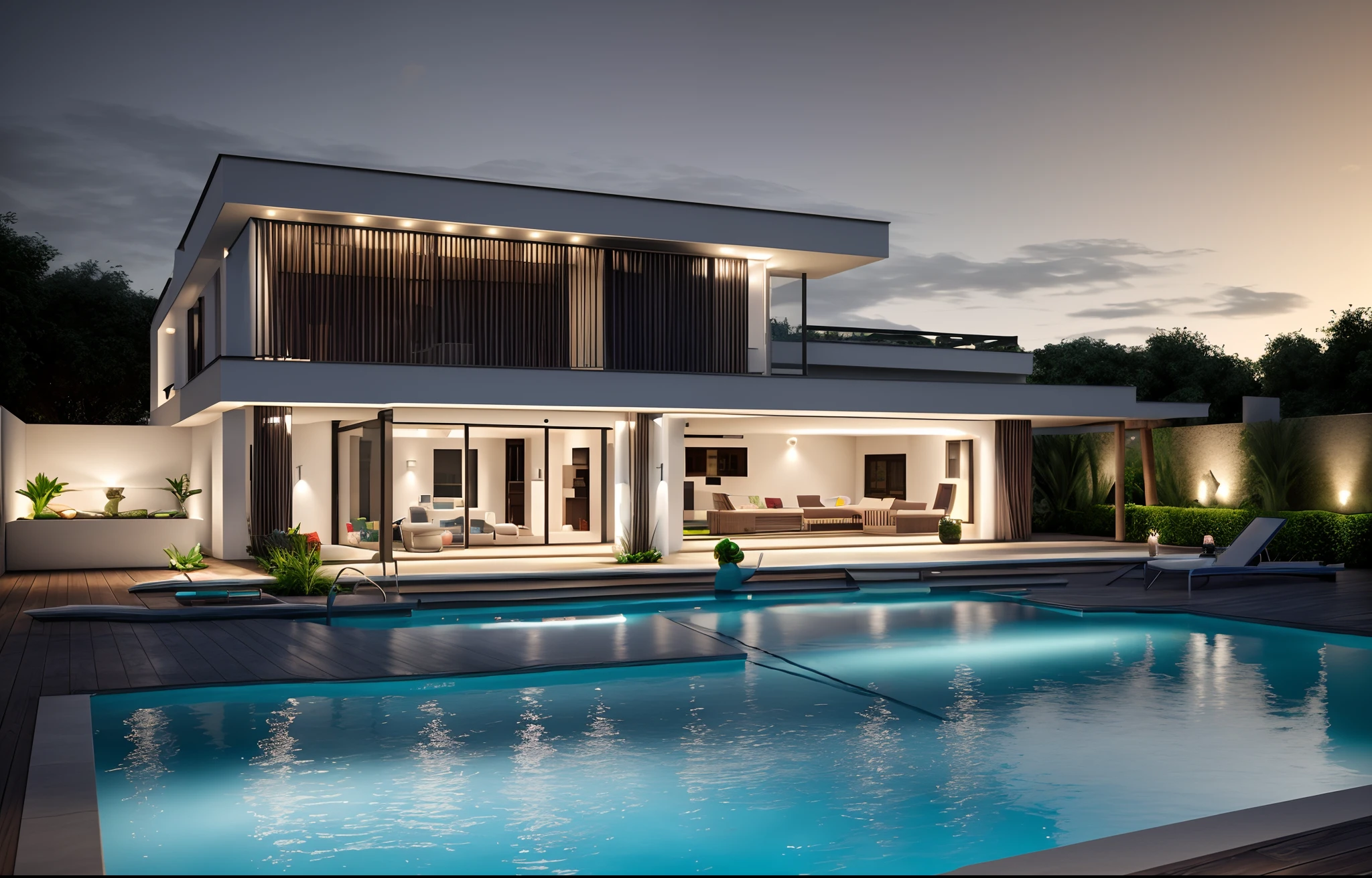 A MODERN VILLA WITH A realistic SWIMMING POOL, TROPICAL STYLE, sunny day, WARN LIGHT, realistic photo, 3d render, high quality,