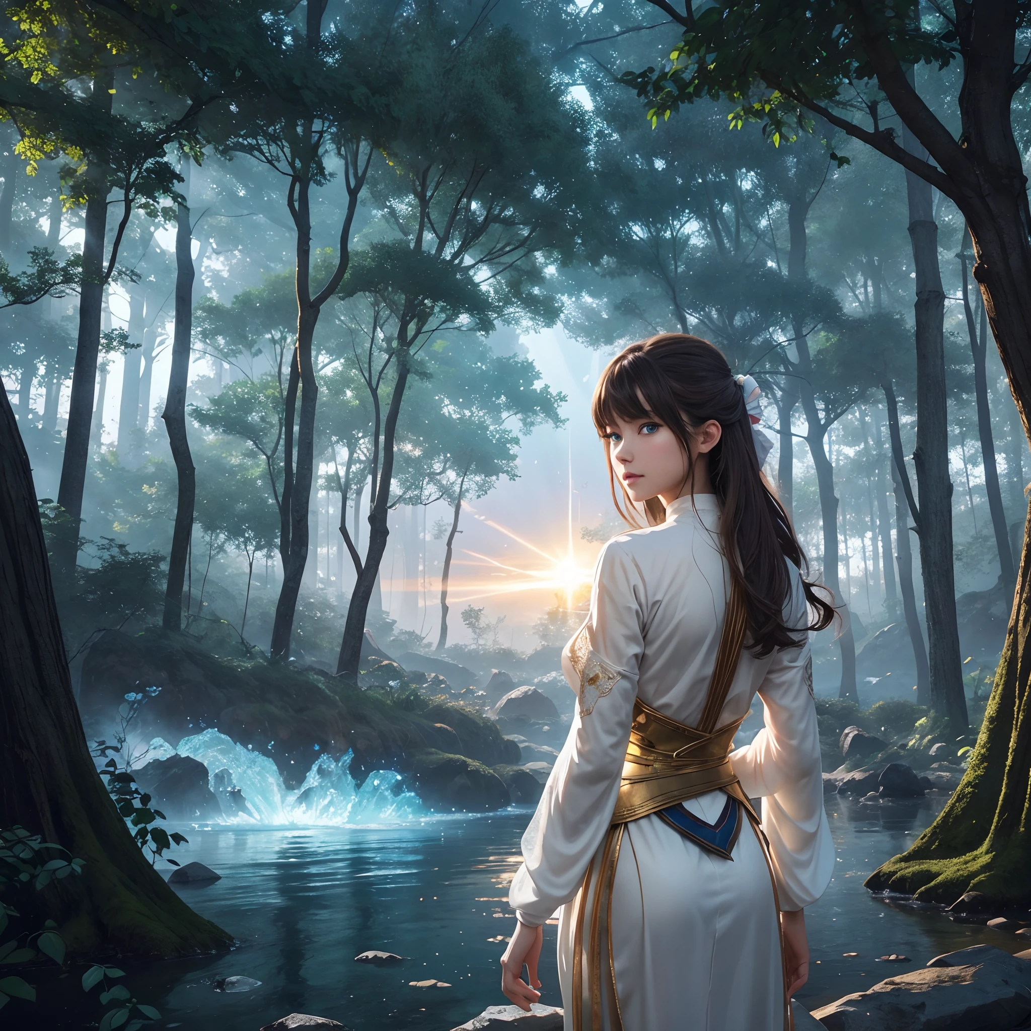 hightquality、8K Ultra HD、fullllbody、Seductive woman at 、robe blanche、light brown hair、Blue eyes、(There is a nice healing forest in the background)、cute little、Beautiful fece、portlate、Morning Spectacle、birdie、art by:Alberto Seveso、Symmetrical、Abstract art style、Complex and intricate watercolor painting 、digitial painting、explosion of colors、concept-art、Volumetric lighting、TanvirTamim、metal reflective、2d render、8K。 by artgerm、Trending on ArtStation