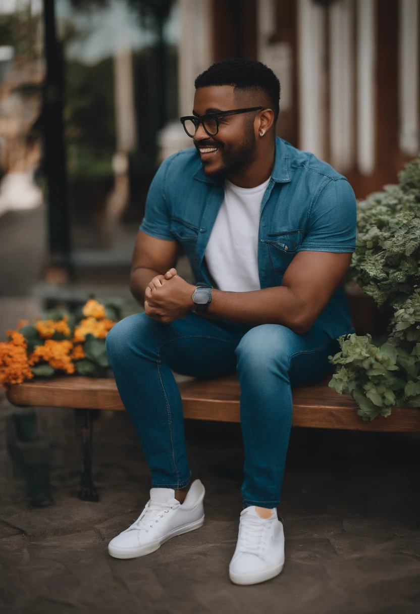 Imagem de um rapaz que usa uma bengala preta, eyeglass, cabelos curtos, uma camisa estampada, jeans and sneakers. He's fun and loves plants. Ele em um formato Pixar, his name is WES GUIMARÃES. Colocar o nome acima da imagem