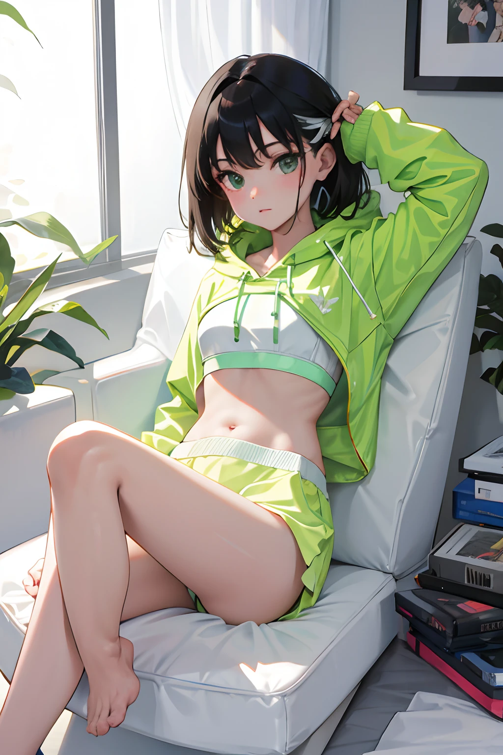 ,(masterpiece,Highest Quality),Sportsbra,Light green sheer hoodie,A dark-haired
