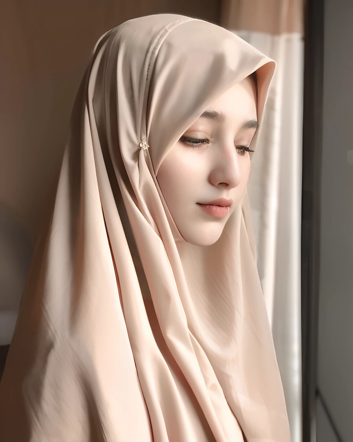 there is a arabic woman wearing a hijab looking out a window, hijab, veiled, white hijab, veiled face, beautiful delicate face, very beautiful girl, lovely delicate face, pale-skinned persian girl, beautiful, beautiful arab woman, high quality portrait, portait photo profile picture, traditional beauty, very extremely beautiful, muslim, beautifully, beautiful girl, beautiful image