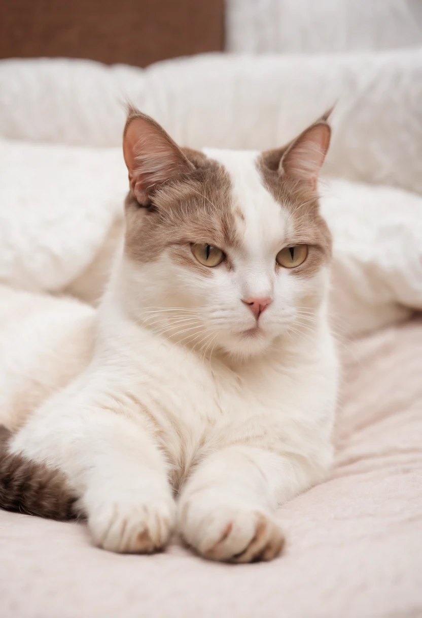 The cat is lying in bed, 80s style, Semi-body shot, high-quality photo.