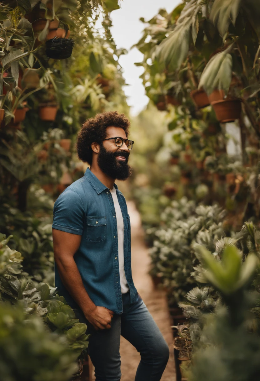 Imagem de um rapaz branco, barba curta, que usa uma bengala preta, eyeglass, cabelos curtos, uma camisa estampada, jeans and sneakers. He's fun and loves plants. Ele em um formato Pixar, his name is WES GUIMARÃES. Colocar o nome acima da imagem
