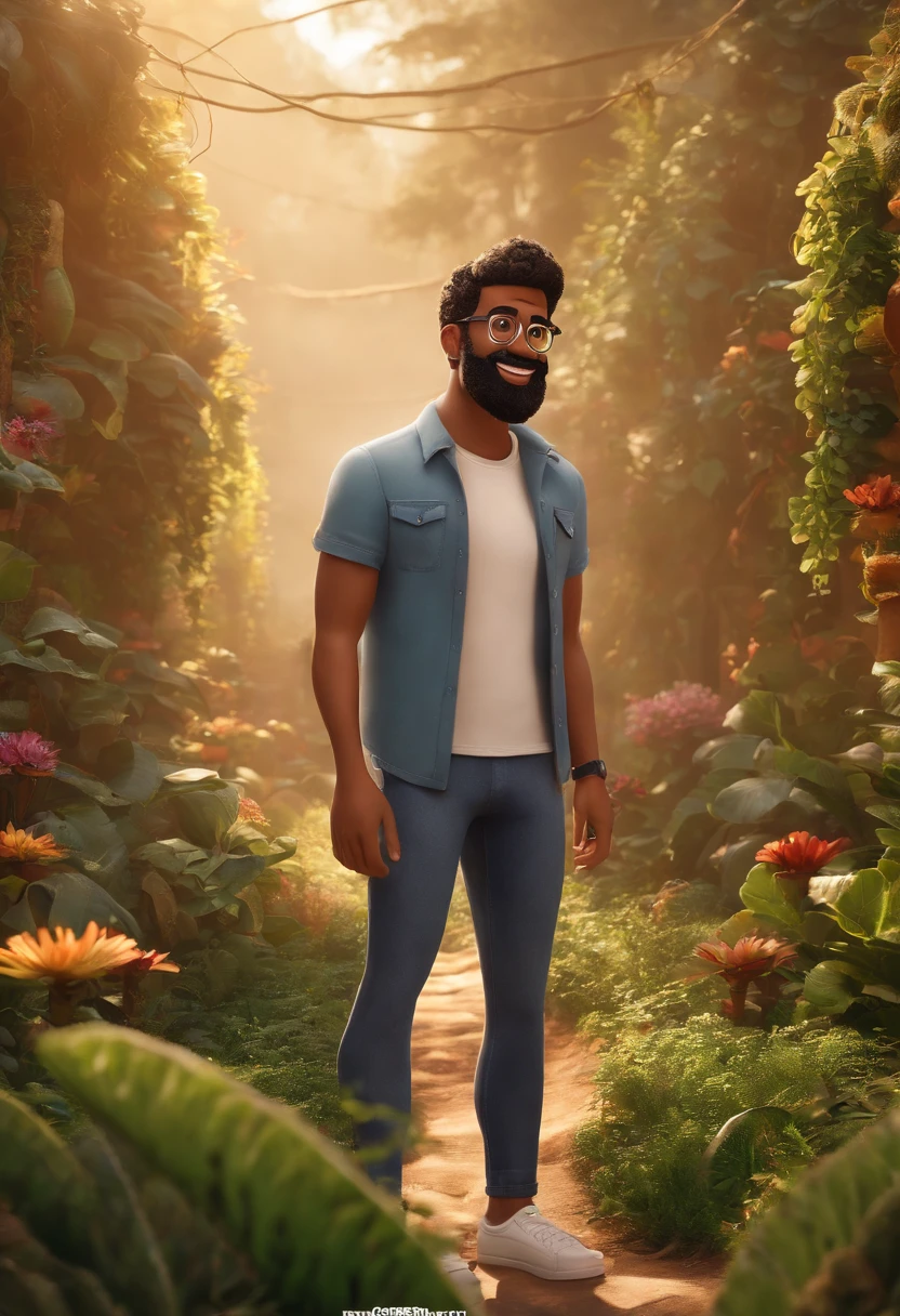 Imagem de um rapaz branco, barba curta, que usa uma bengala preta, eyeglass, cabelos curtos, uma camisa estampada, jeans and sneakers. He's fun and loves plants. Ele em um formato Pixar, his name is WES GUIMARÃES. Colocar o nome acima da imagem