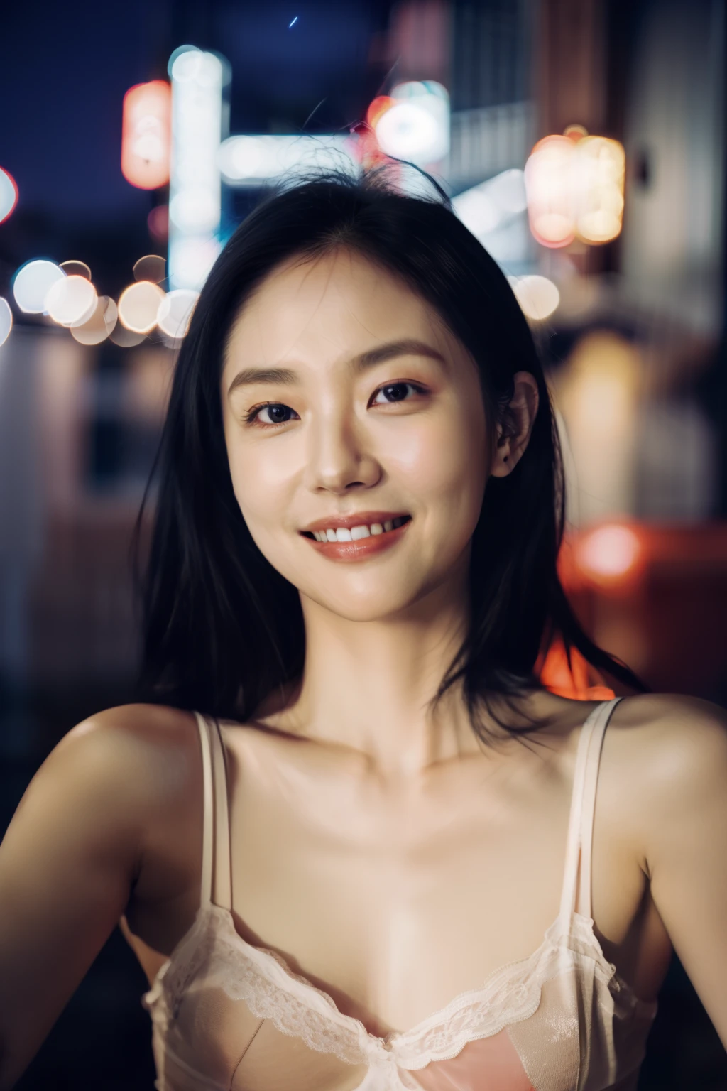 1girl, idol, model, depth of field, photo, film, face, skinny, smile, collarbone, teeth, movie, camisole, selfie, night,