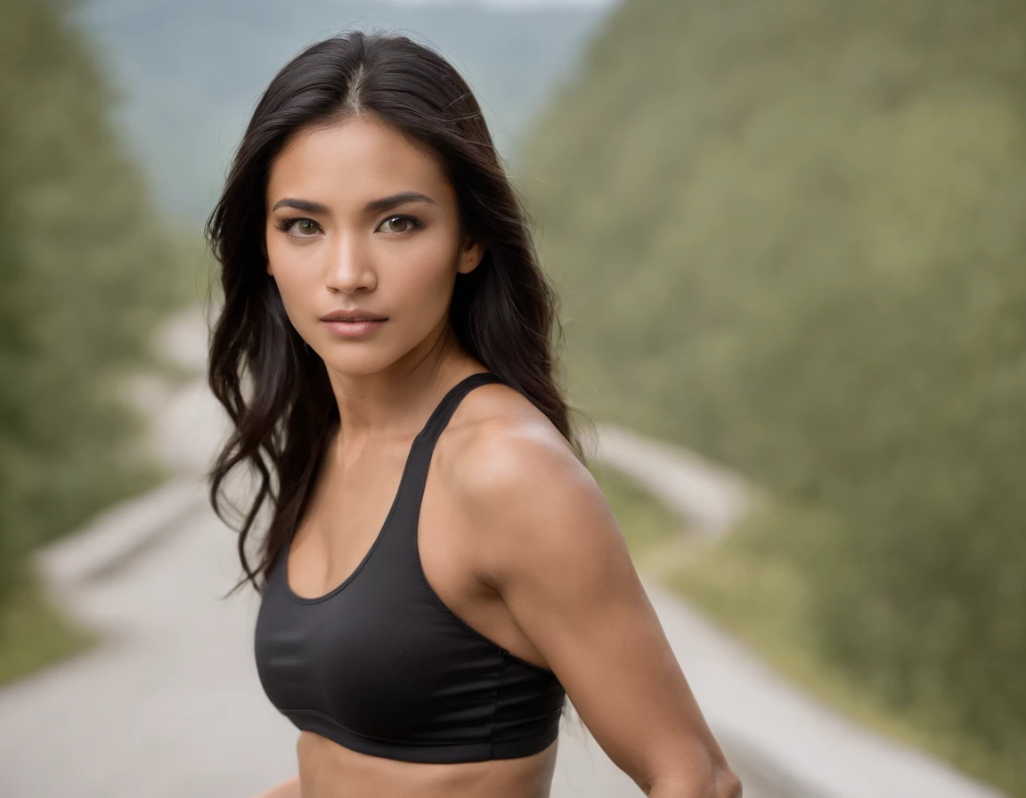 "An image of a female that looks to be of mixed heritage; (Chinese, Malaysian, and native American, Metallic Emerald Green Pupilless Eyes, Long Metallic Jet black hair, with streaks of Metallic Silver and Metallic Gold in it, athletically muscular, looks like a cross between a professional runner and a professional swimmer"