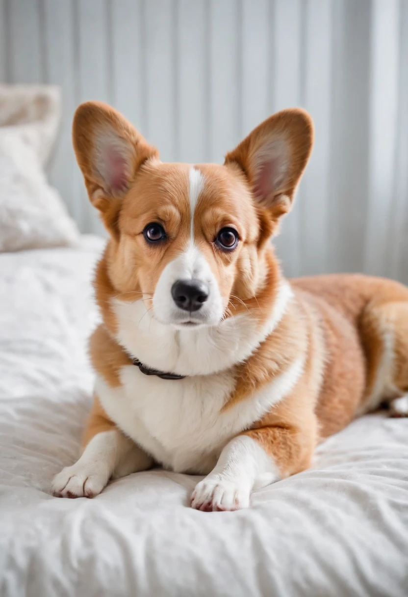 Corgi lay on the bed, 80s style, Semi-body shot, high-quality photo.