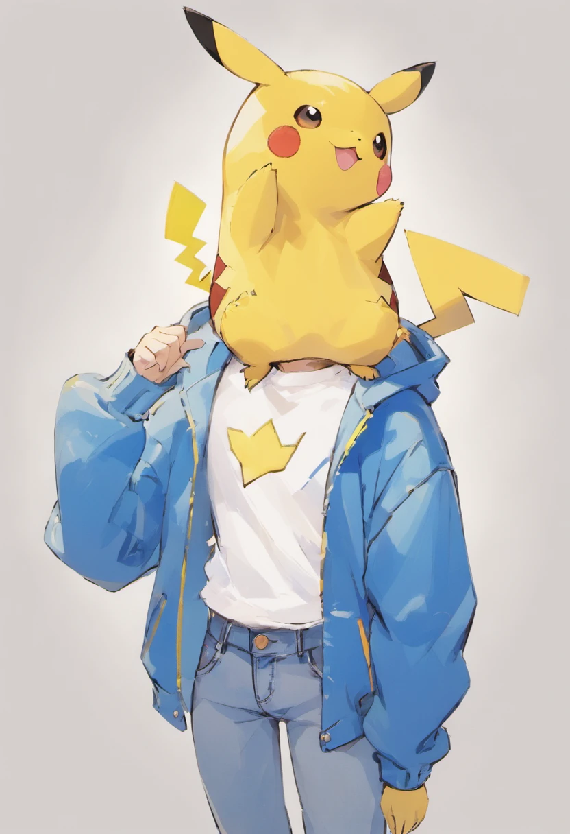 Pokémon: Pikachu wears a white shirt、Blue jacket and blue jeans