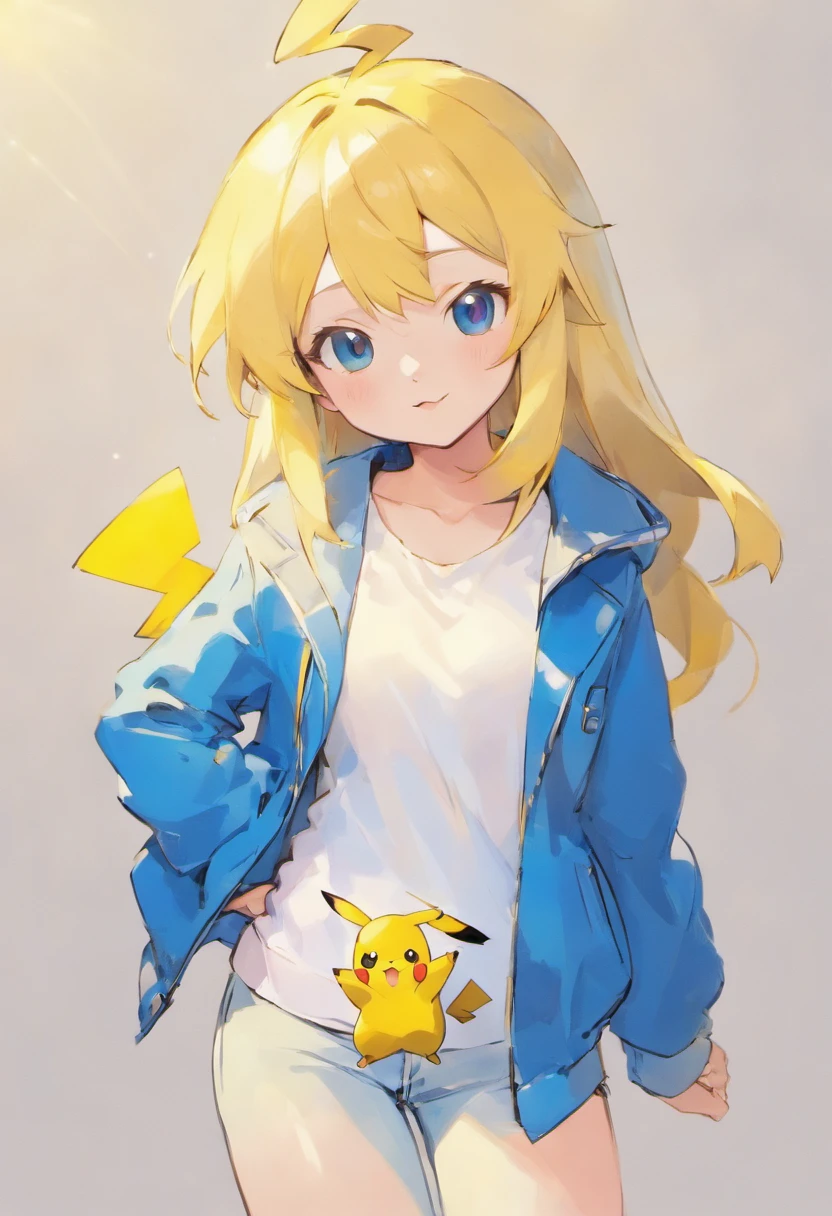 Pokémon: Pikachu wears a white shirt、Blue jacket and blue jeans