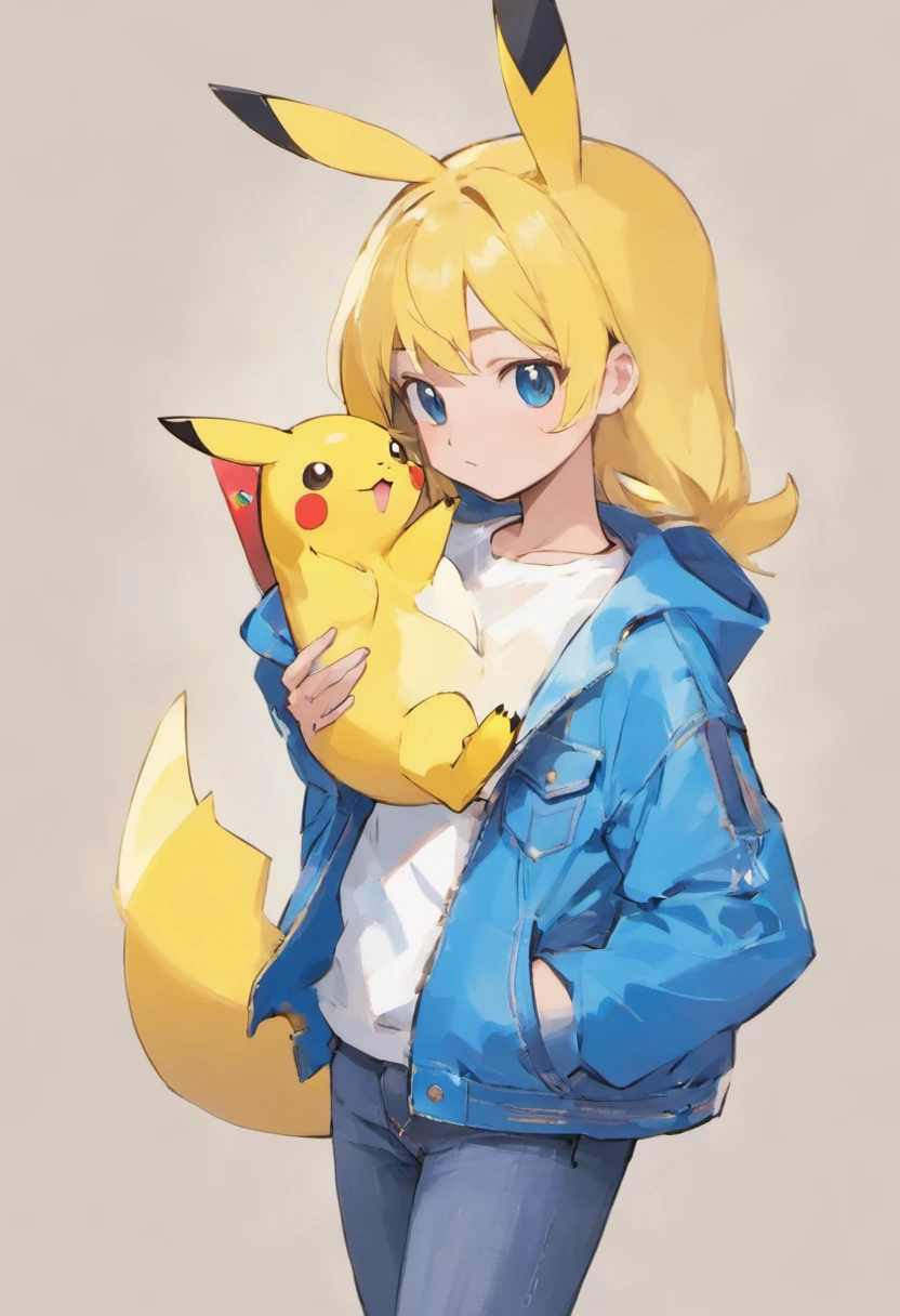 Pokémon: Pikachu wears a white shirt、Blue jacket and blue jeans