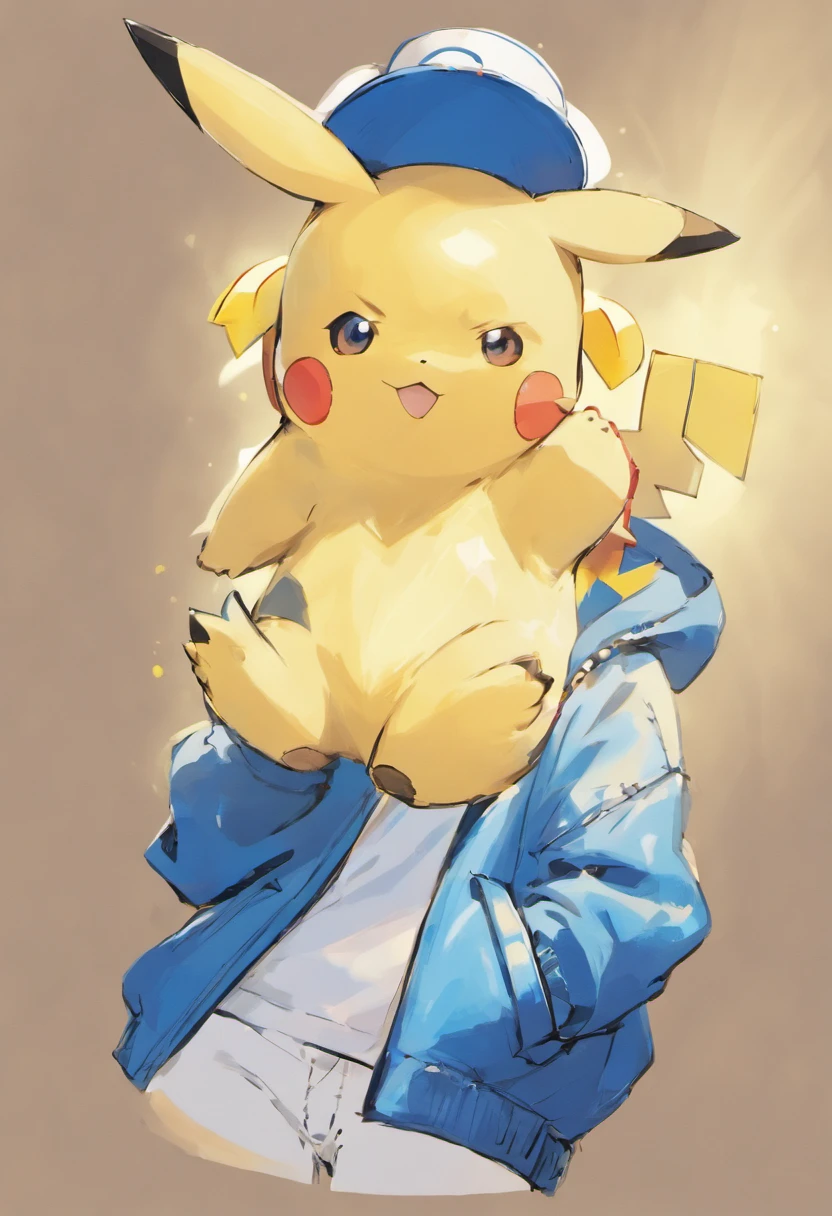 Pokémon: Pikachu wears a white shirt、Blue jacket and blue jeans