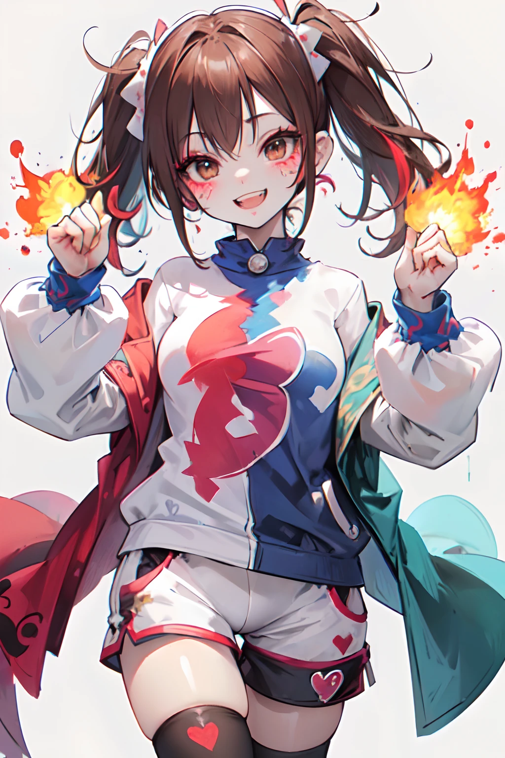 1GIRL, insane clown girl, laughing hesterically, sharp big smiling teeth, bomb, finely detailed, (best quality), (intricate details), cute style, li, jester style, multicolored, circus background with red curtains, place on fire hell, ((long brown hair in pigtails)), best quality, ((long sleeve shirt and shorts)), ((red and white clothes)), ((jester style clothes)), ((thigh high socks)), ((round eyes)), ((has jester makeup)), beautiful face, happy, cute face, pinup, perfect face, simple background portrait