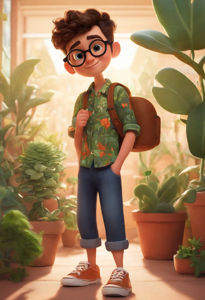 Image of a white boy, short beard, who uses a black cane, eyeglasses, short hair, a printed shirt, jeans and sneakers. He's fun and loves plants. He in a Pixar format, his name is WES GUIMARÃES. Put the name above the image