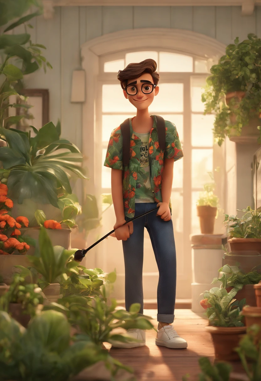 Image of a white boy, short beard, who uses a black cane, eyeglasses, short hair, a printed shirt, jeans and sneakers.  He's fun and loves plants.  He in a Pixar format, his name is WES GUIMARÃES.  Put the name above the image