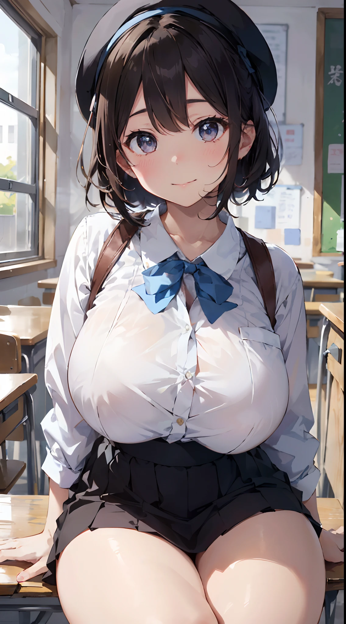 Masterpiece to the smallest detail、top-quality、1girl in、独奏、15yo student、170cm、hi-school girl、Model body type、perfectbody、 (((Huge huge soft natural:1.4))), breasts so big that they hang on the floor,、130 cm chest、XCup milk、Realistic 、Extraordinary beauty、Silky texture hair、12-year-old baby face、red hairs、Gradient Bob Forward、Two-color mesh、Beautiful eyes、Realistic pupils、tall, Big eyes、Outstanding looks、A lovely child、proximity、Closed_Mouth、A smile、red blush、full of shyness、blue headwear、Hats、pink bowtie、校服、 Blue jacket、jaket、skirt by the、Gray skirt shirt、white shirt、an legs、Black socks、sitting on、Classroom、hair_ornament detached、up looking_で_viewer、beatiful detailed eyes、Akame、panties on、Professional effects、Attractive gestures、