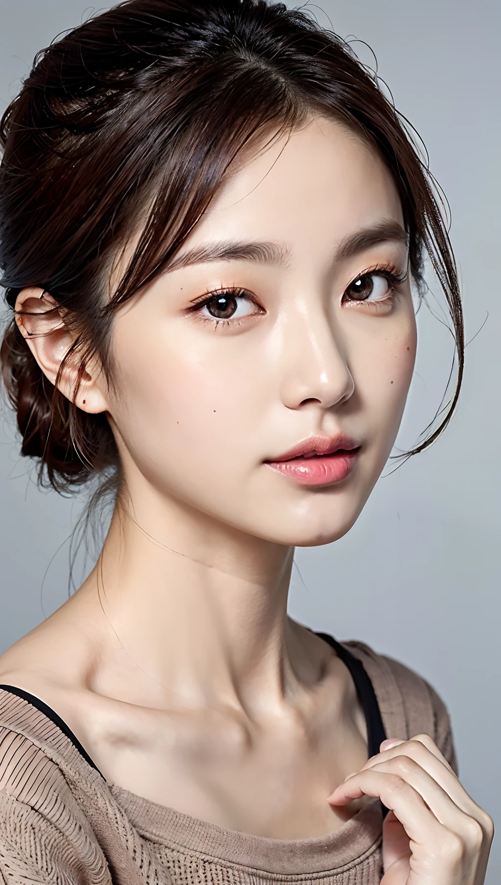 (top-quality、8K、32K、masterpiece、nffsw:1.2)、Photo of a cute Japanese woman、middlebreast、((Semi-long chignon hair))、The upper part of the body、sface focus、off-the-shoulder sweater、a necklace、simple background、From above、looking at the viewers、(profetional lighting)、ssmile、Detailed eyes、(realisticeyes)