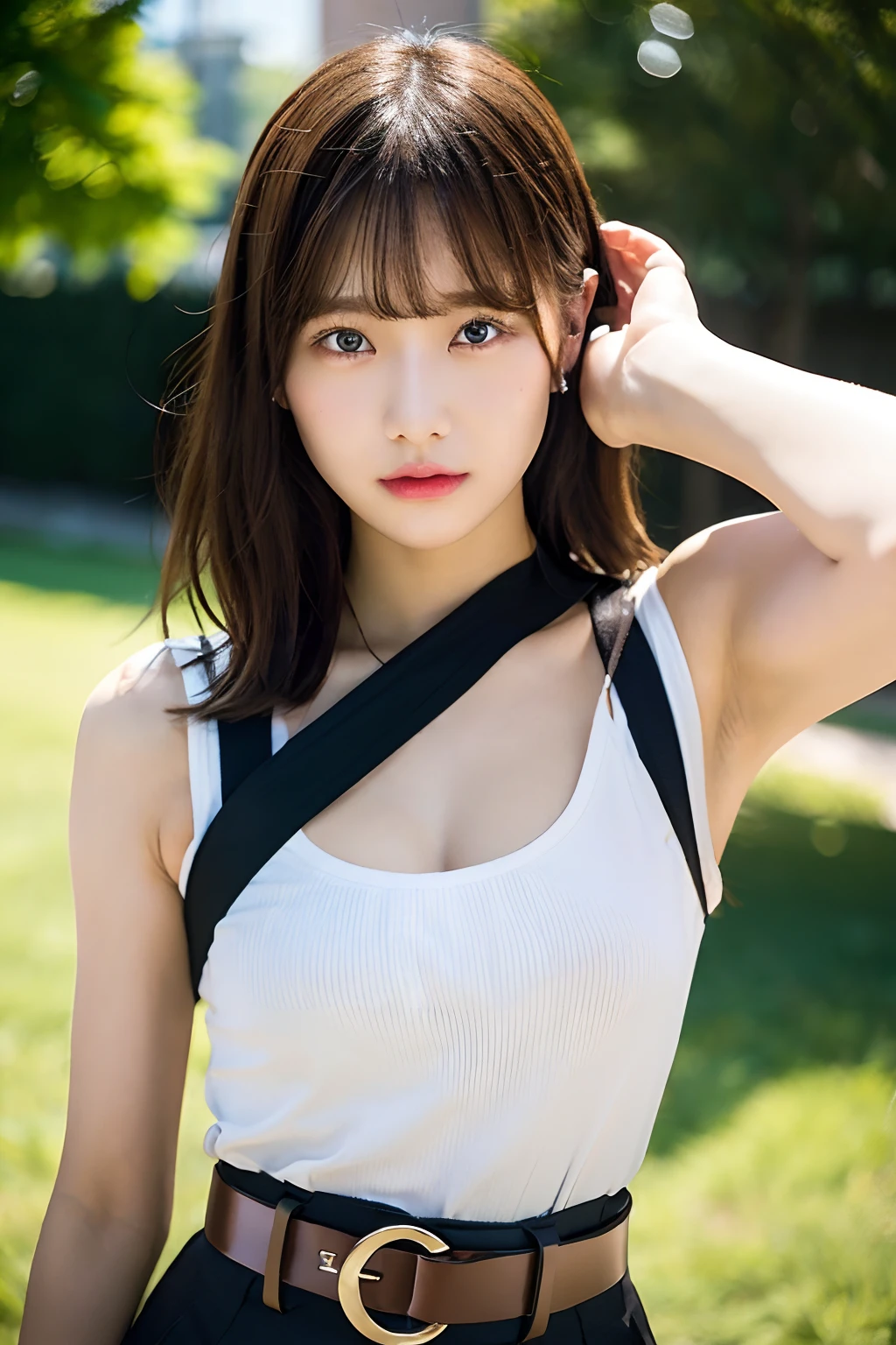 masterpiece、flat-colors、depth of fields、lens flare 1 girl、、Brown hair、watching at viewers a belt black suspenders large full breasts Armpit sweat perspiring Side of both hands walls: Black pants, Gaze Small face Bangs Upper Eyes flank