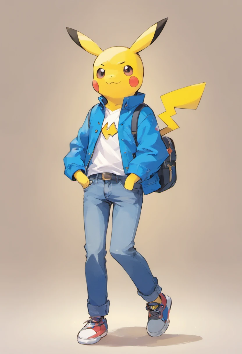 Pokémon: Pikachu wears a white shirt, a blue jacket, and blue jeans