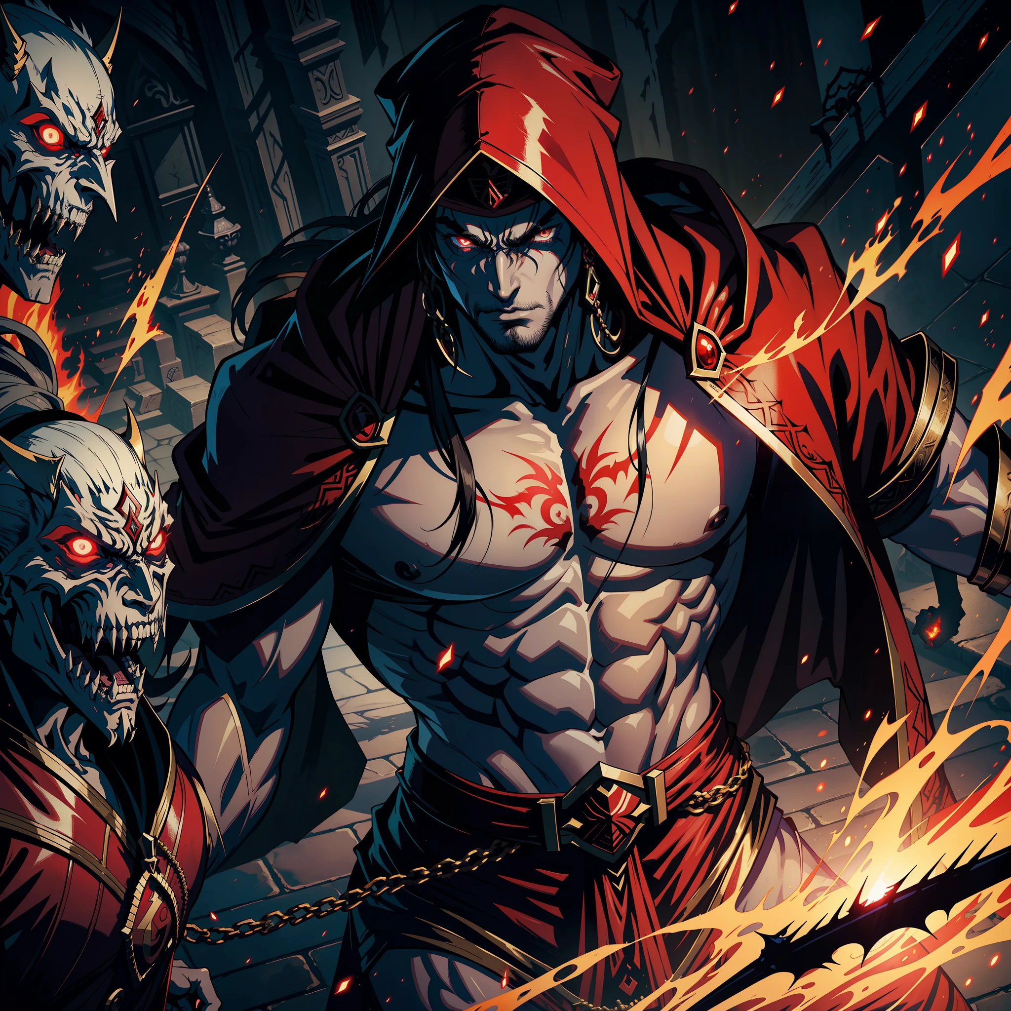 Castlevania Hyper Realistic Shadow Lord Super Detailed Dynamic Shooting Lord Dracula Centerpiece Medieval Arab Warrior with Red Turban Scary Face Hokuto No Ken Structure Muscular Face Kenshiro Leading Troops Army of Demons to Fight Sharp Details Cinematic Scenes Epic Movie Legendary Movie Hyper Realistic Portrait Zoom