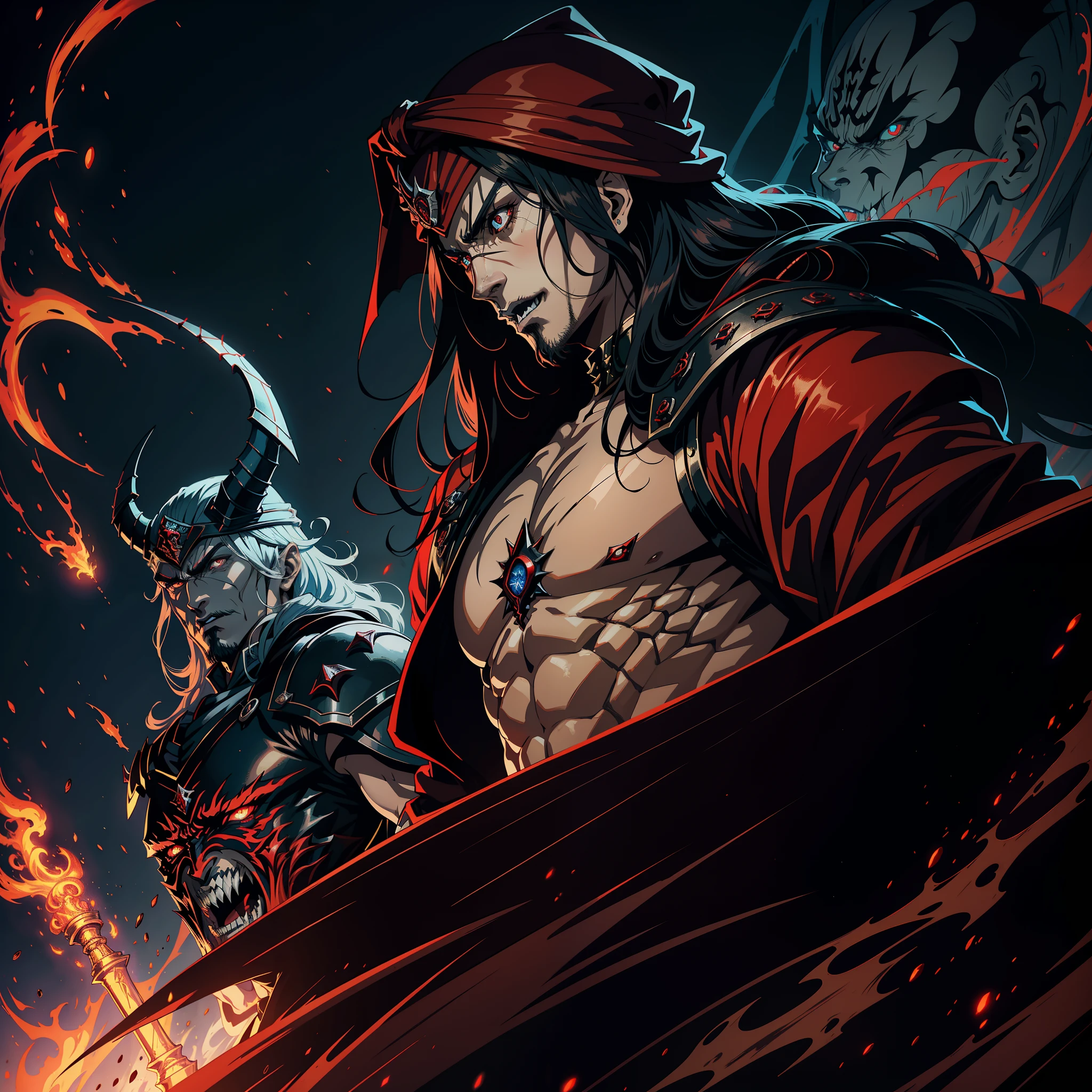 Castlevania Hyper Realistic Shadow Lord Super Detailed Dynamic Shooting Lord Dracula Centerpiece Medieval Arab Warrior with Red Turban Scary Face Hokuto No Ken Structure Muscular Face Kenshiro Leading Troops Army of Demons to Fight Sharp Details Cinematic Scenes Epic Movie Legendary Movie Hyper Realistic Portrait Zoom