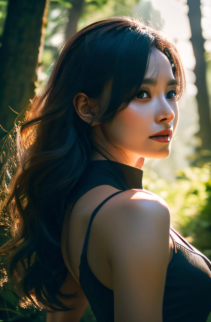 Amazing young woman,(Chinese women),beuaty girl,25 age old,Survivalist,warriors,In the woods by the lake,Rochas,mountain ranges,Pink slip dress,hiking boots,perfect body figure,A futuristic,postapocalyptic,100,A seductive shallow smile,smokey eye shadow,Seductive eye,wild Black hair,((tmasterpiece)),((best qualtiy)),(((photograph realistic))),extremely detailed CG 8k wallpaper,vivd colour,dramatic light,dynamic angle,Amazing,ventania,High detail hair,(highly detailed eye),(highly detailed face features),lifelike textures,slender body, tonedbody,perfect face,slender athletic figure,(perky small breasts:0.75),(Grim attitude,eye shadows,eyeline:1.6),vintage fantasy,ultra-realistic realism,Amazingly fine detail,rich colours,textures true to reality,Vignette,moodiness,darkly,epic,opulent,filmgrain,granulated,beautiful illumination,edge lit,magical,shallowdepthoffield,photography of,New black,Volumetriclighting,hyper HD,Ray traching,Studio quality