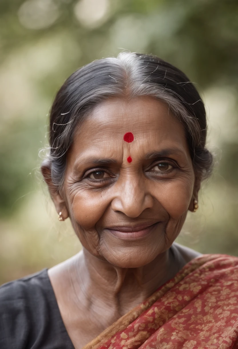 An Indian old dark-skinned woman with a lot of wrinkles, smiling at the camera