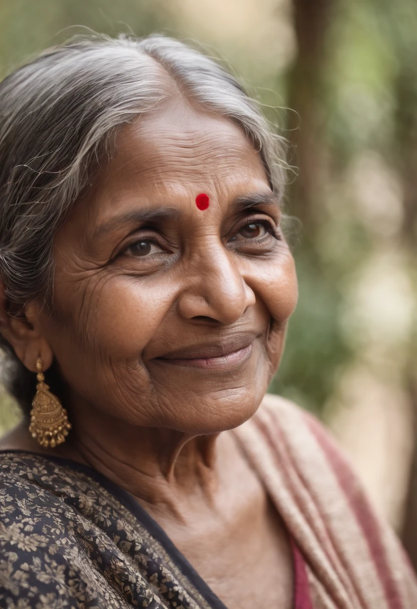 An Indian old dark-skinned woman with a lot of wrinkles, smiling at the camera