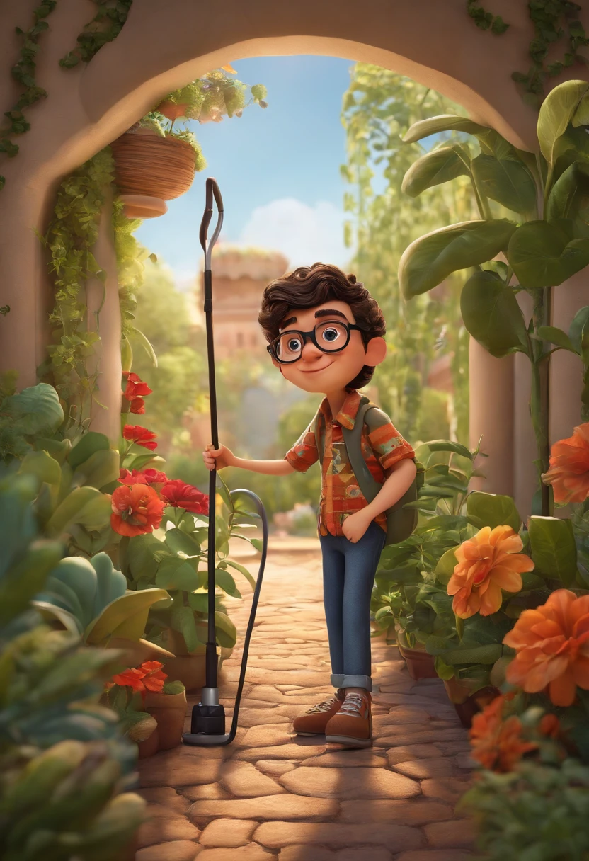 Image of a white boy, with a short beard, who uses a black cane, prescription glasses, short straight hair, a printed shirt, jeans and sneakers. He is fun and loves plants. It's in Pixar format, his name is WES GUIMARÃES. Put the name above the image