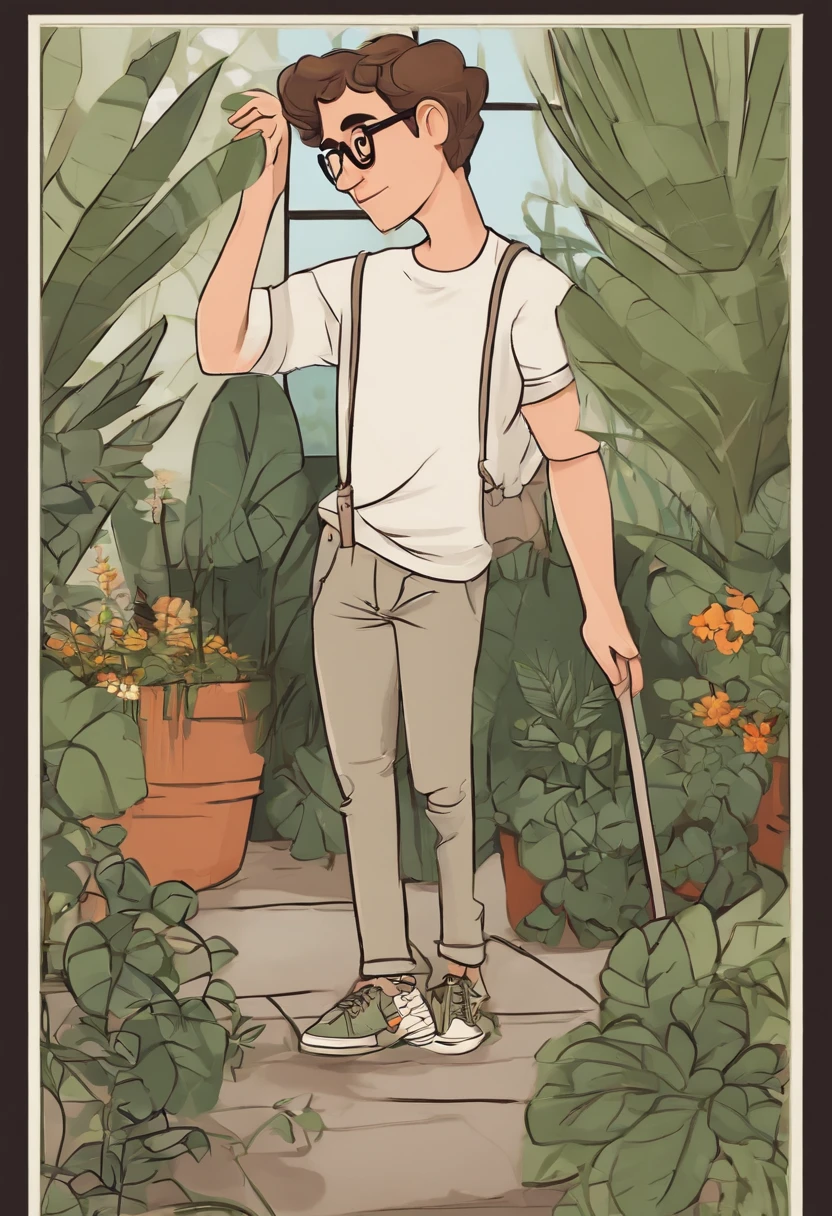 Image of a white boy, with a short beard, who uses a black cane, prescription glasses, short straight hair, a printed shirt, jeans and sneakers.  He is fun and loves plants.  It's in Pixar format, his name is WES GUIMARÃES.  Put the name above the image