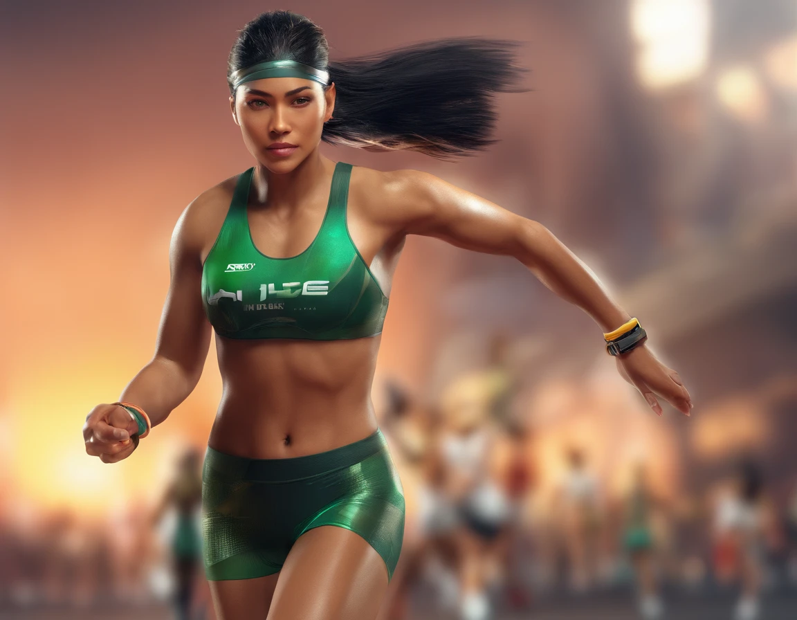 "An image of a naked female that looks to be of mixed heritage; (Chinese, Malaysian, and native American, Metallic Emerald Green Pupilless Eyes, Long Metallic Jet black hair, with streaks of Metallic Silver and Metallic Gold in it, athletically muscular, looks like a cross between a professional runner and a professional swimmer"