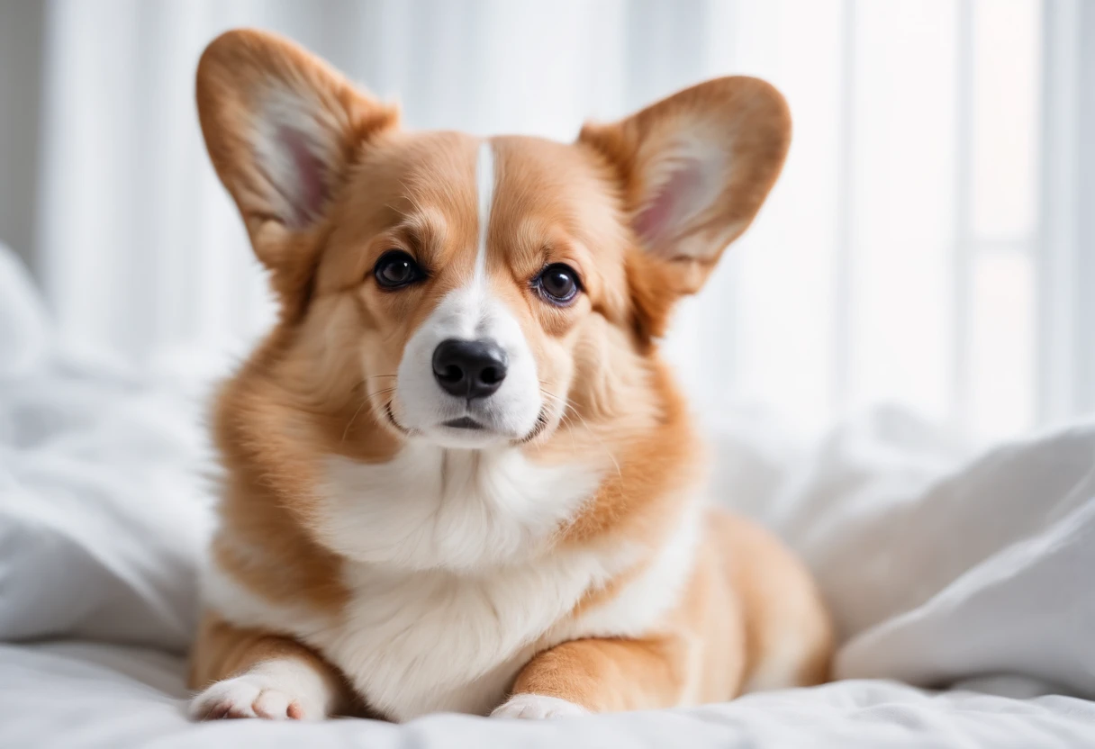 The Welsh Corgi lies in bed, Clear and realistic fur texture, 80s style, Fulll body Shot, high-quality photo.