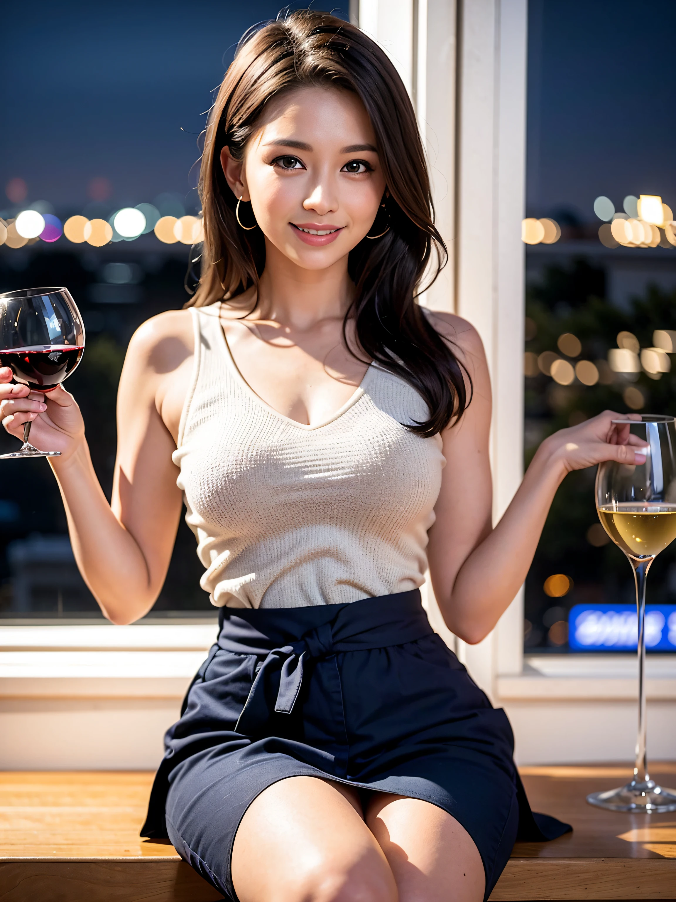(64K, UHD, top quality, masterpiece: 1.2), (realistic, photorealistic: 1.37), super detailed, pretty woman 1 person, (slim face), (slim body), (brown hair), (short cut), cheeks slightly blushing, (44 years old), 38 years old, solo, beautiful detailed urban night view outside the window, restaurant, wine glasses sit, at night, in a prominent placeNovaFrogStyle, Actress, Model, Waist Up, White Wine, Slim, Wine Glass, Super Clean Night View, Wine Glass Put in the Middle, Happy Smile, (Smile: 1.15), Beautiful Fine Eyes, Upper Body, Bust Japan Up, Night, Short, Short, Actress, Model, Waist Up, White Wine, Slim, Wine Glass, Super Clean Night View, Wine Glass Put in the Middle, Happy Smile,