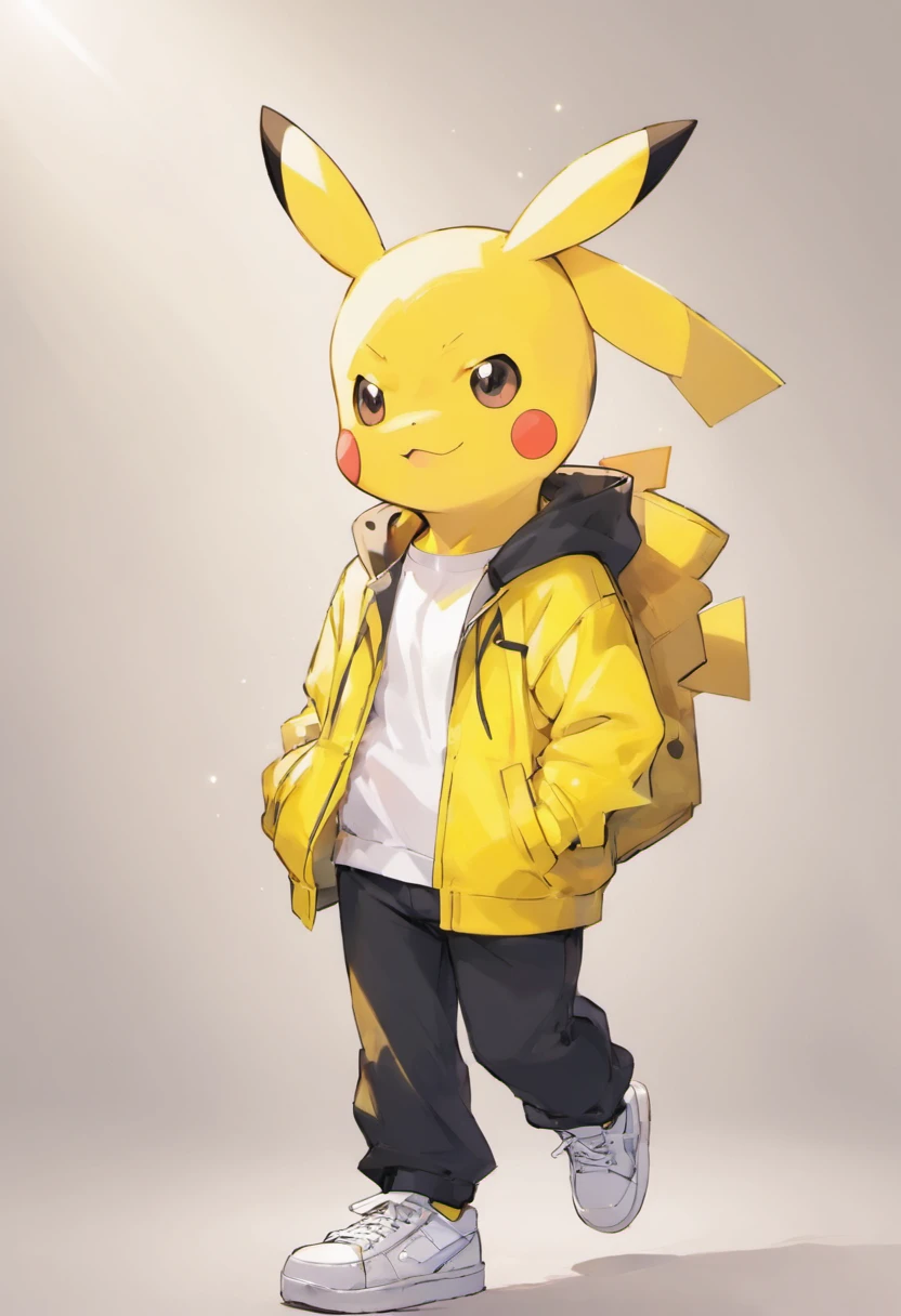 Pokémon: Pikachu wears a white shirt, a yellow jacket, black pants, and white sneakers