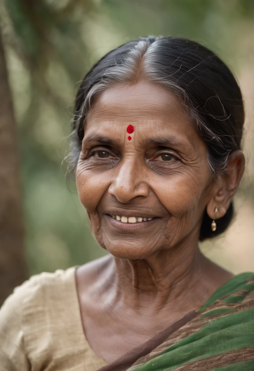A very Indian old dark-skinned rural woman with a lot of wrinkles, smiling at the camera
