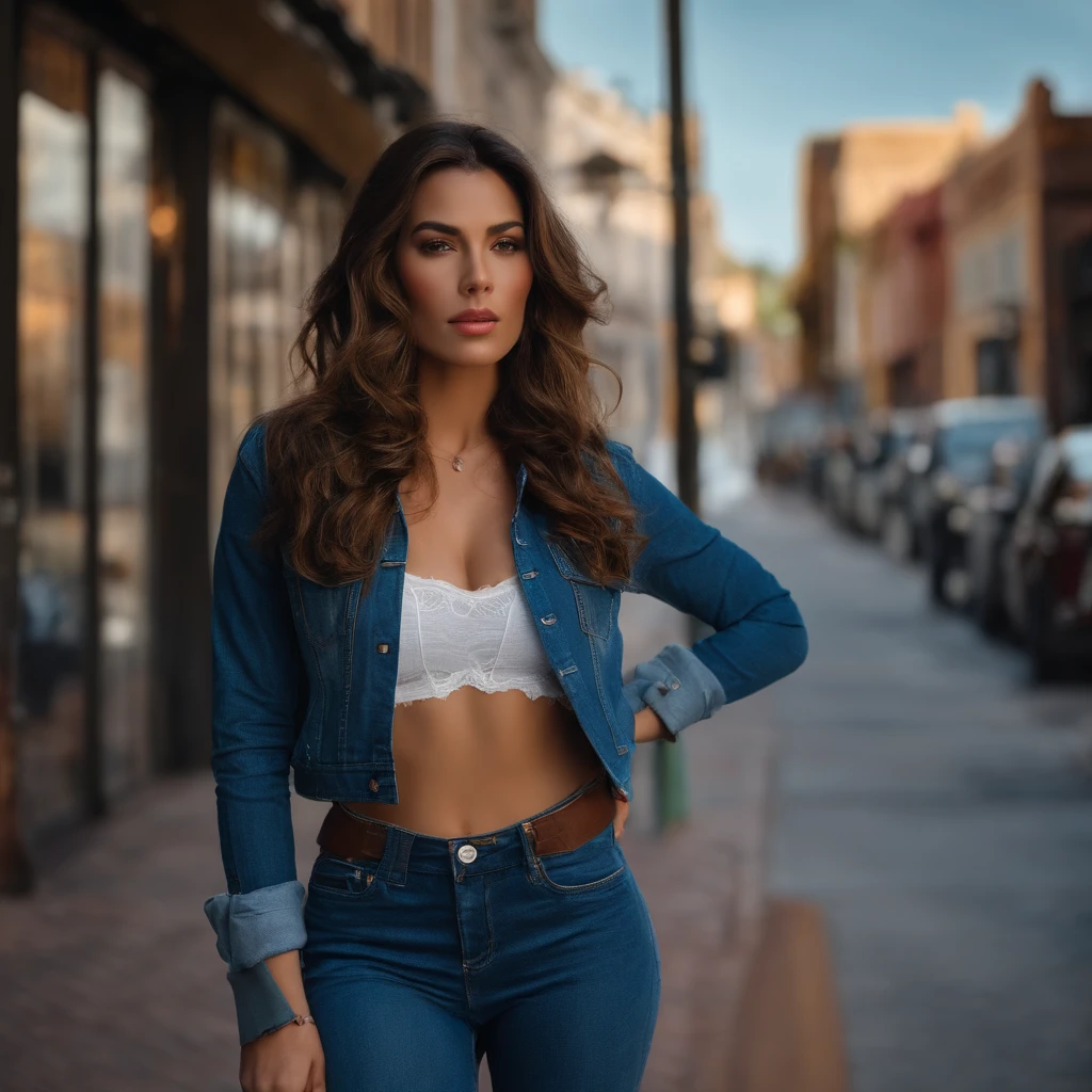 1girl,masterpiece, (8k, best quality, masterpiece:1.2),highly detailed,ultra-detailed,masterclass,best quality,illustration,hair_between_eyes,perfect lighting, cowboy shot, cv16,black jacket girl  ending iver twerking tight ripped jeans