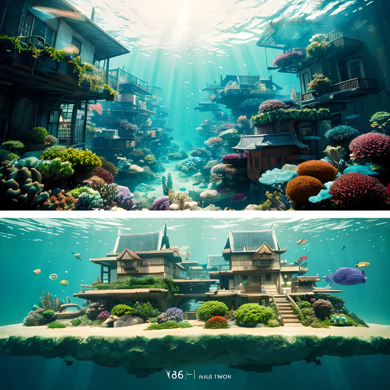 Color (Fantasy: 1.2), (hayao miyazaki style), (Irregular Buildings Floating Under the Sea), Patchwork Cottage, Moss decoration, coral, A light, Concept Art Inspired by Andreas Rocha, Artstation contest winner, Fantasy Art, (Underwater city), by Ross Tran, light Shafts, Realistic lighting, masutepiece, High quality, Beautiful graphics, high detailing, masutepiece, High quality, Beautiful graphics, high detailing, --V6