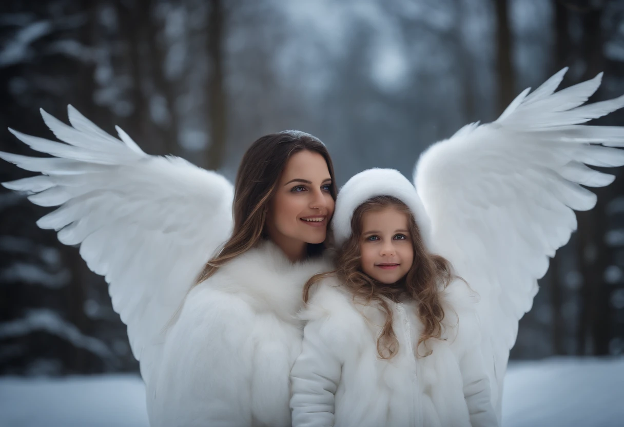 MOTHER AND DAUGHTERS WEARING WHITE ANGELIC CLOTHES, coroas de prata, FADAS DE INVERNO, inverno, noite, Nevando, cane, 8k, detalhes intrincados, HDR, lindamente fotografado, Realistic, foco nítido, 64 megapixels, perfect composition, alto contraste, cinemactic, 8k