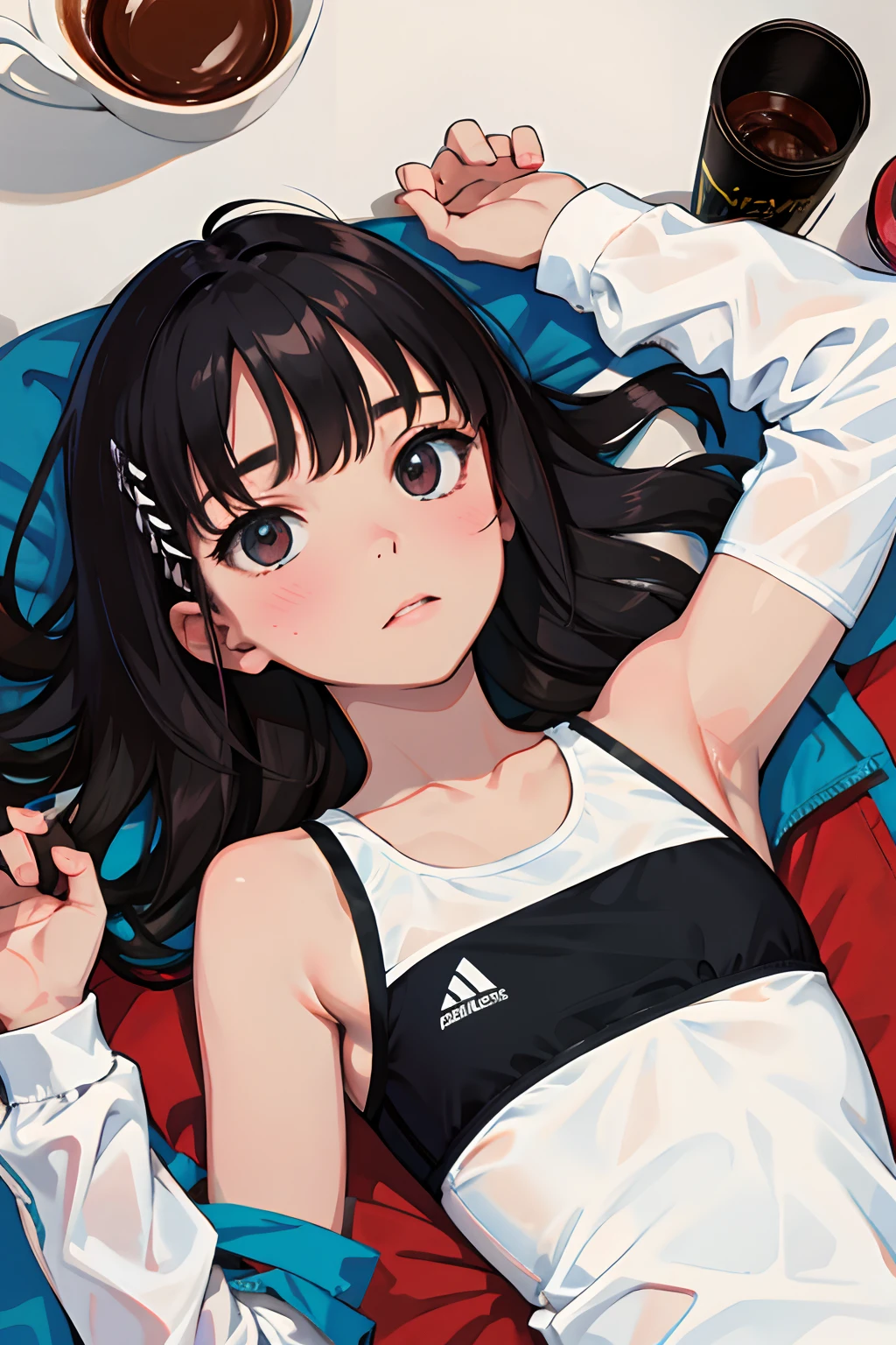 Anime girl laying on a bed with a cup of coffee - SeaArt AI