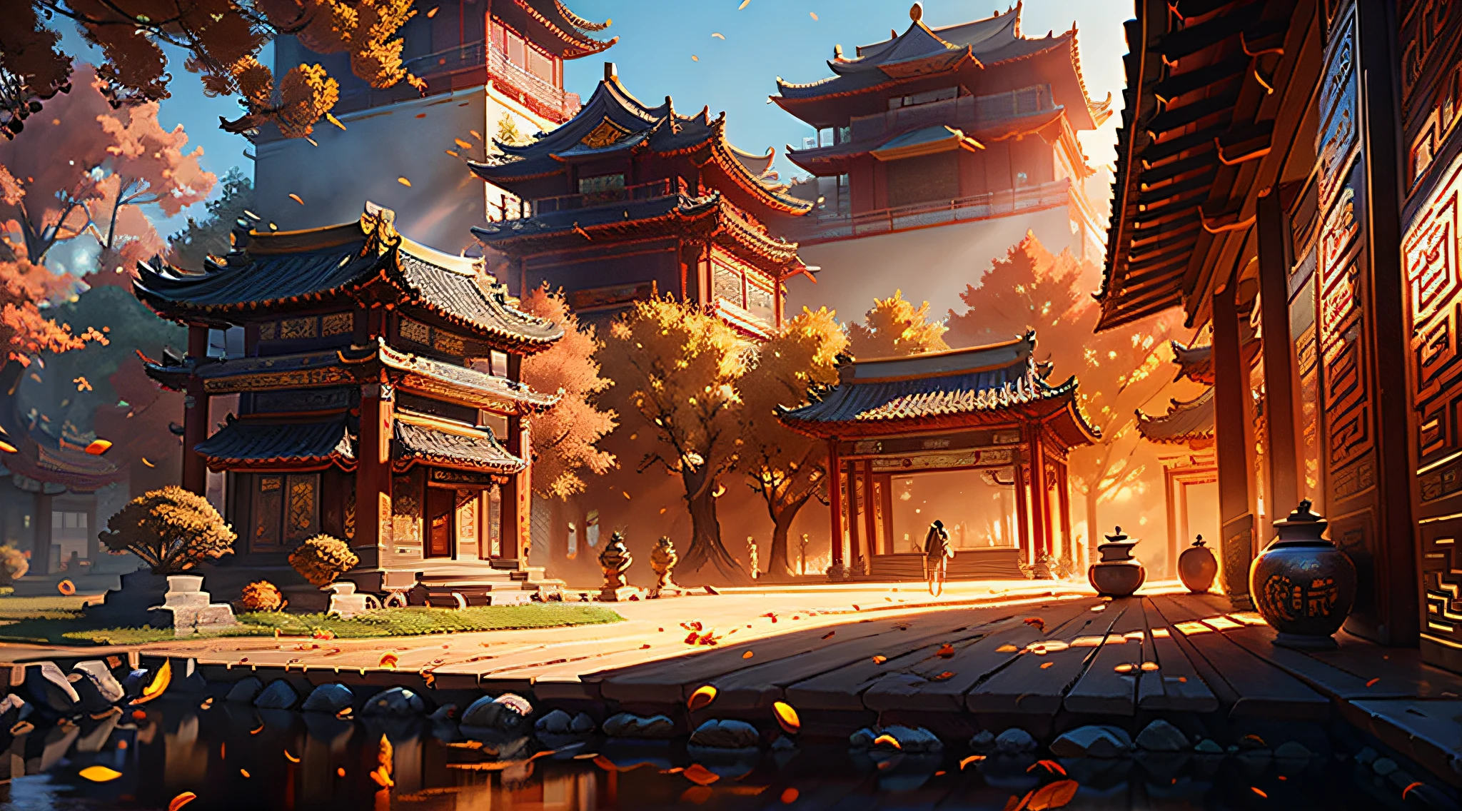 Autumn scene,ultra-wide-angle,large scene, Sunny weather,Golden tones,Noisy streets,Chinese architecture of the Tang Dynasty,Lots of detail,8k,CG image quality,