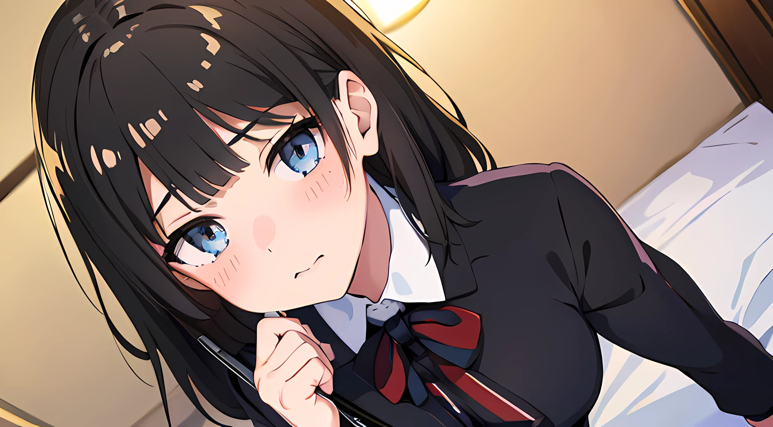 (1 girl in),(beautiful eyes finely detailed, hair color is white and black), wearing old school uniform, standing in front of bed, horny facial expression, looking at viewers, teasing at viewers, blush on her face, camera angle from front, masterpiece sidelighting, masterpiece, top-quality, detailed, full body photos, High resolution illustration