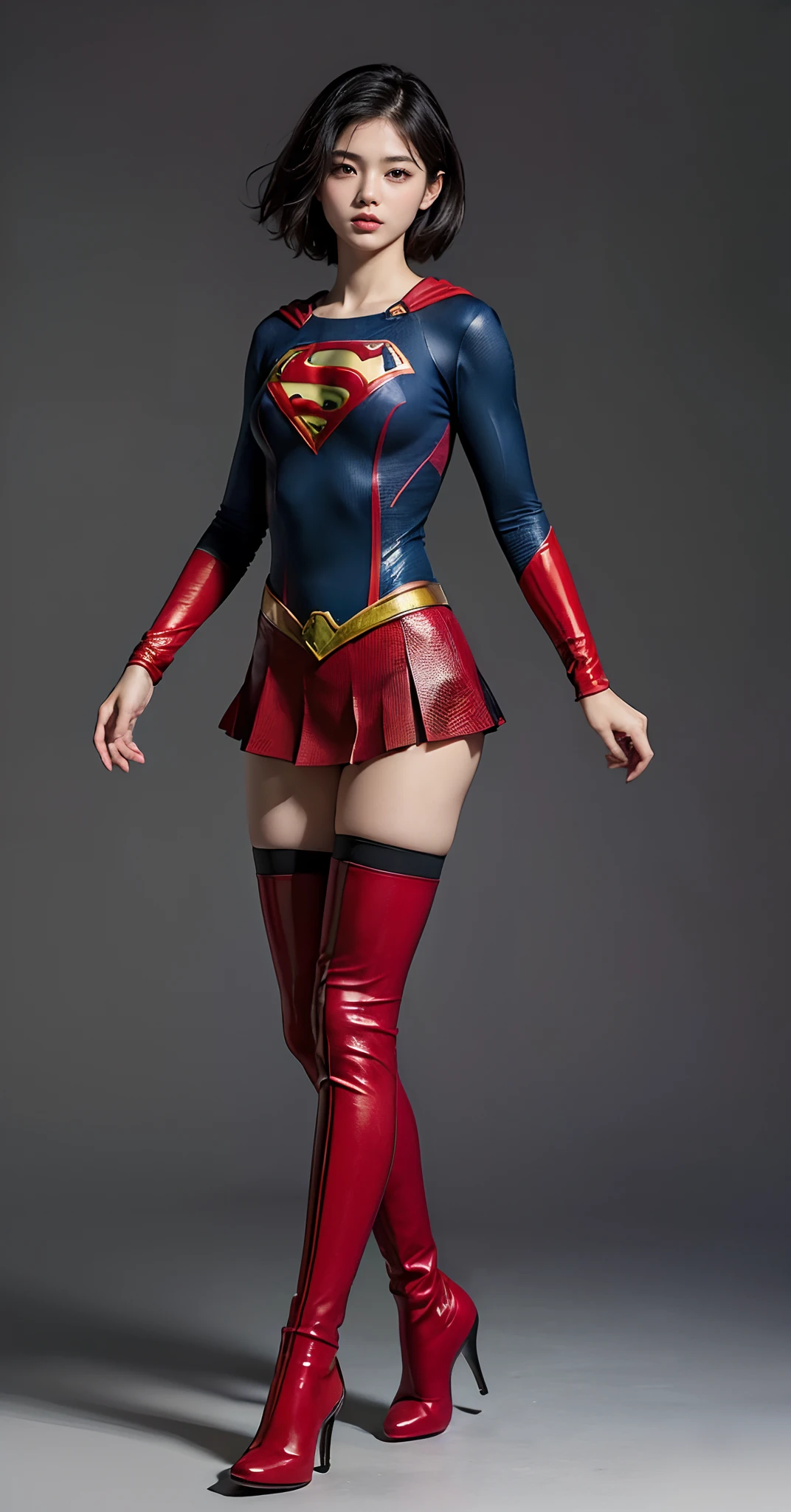 Beautiful girl fighting、japanes、Cute Beautiful Girl、(((Wear black tights on your beautiful legs.)))、(((beauty legs)))、(((Open thighs)))、((((Make the most of the original image)))、(((Supergirl Costume)))、(((Beautiful hair in a short cut)))、(((Injured)))、(((Be sure to wear black tights on your feet)))、(((You need to wear red boots)))、((Top image quality、8K))、((top-quality、8K、masterpiece:1.3))、(((Keep your background simple)))、Crisp focus:1.2、Beautiful woman with perfect body shape:1.4、Slender Abs:1.2、a wet body:1.5、Highly detailed facial and skin texture、8K、Keep your background simple