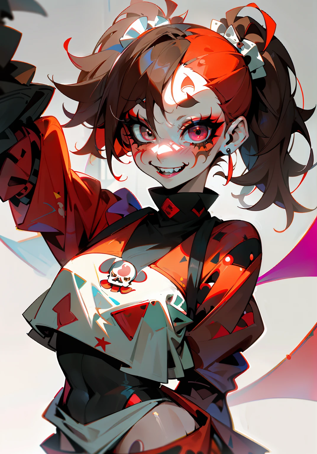 1GIRL, insane clown girl, skull face, halloween theme style, laughing hesterically, sharp big smiling teeth, bomb, finely detailed, (best quality), (intricate details), cute style, loli, jester style, multicolored, circus background with red curtains, place on fire hell, ((long brown hair in pigtails)), best quality, ((long sleeve shirt and shorts)), ((red and white clothes)), ((jester style clothes)), ((thigh high socks)), ((round eyes)), ((has jester makeup)), beautiful face, happy, cute face, pinup, perfect face, simple background portrait(masterpiece: 1.2, best quality), (real picture, intricate details), (1lady, solo, upper body, big tits) Clothing: sharp, stylish, cool, fashionable, non-standard, avant-garde, experimental Appearance: shaved head or bold hair color, spectacular makeup, unconventional fashion choices, rock star Behavior: rebellious, non-conformist, provocative Venue: Urban Art District, Underground Music Scene Hobbies: attending punk shows, creating art in mixed media, experimenting with different subcultures Values: individuality, authenticity, creative expression Sources of inspiration: punk rock, counterculture icons, avant-garde art movements Character traits: bold, daring, non-standard.