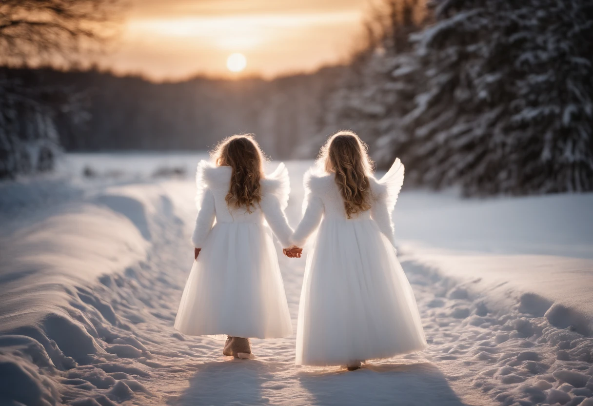 MOTHER AND DAUGHTERS WEARING WHITE ANGELIC CLOTHES, coroas de prata, FADAS DE INVERNO, inverno, noite, Nevando, cane, 8k, detalhes intrincados, HDR, lindamente fotografado, Realistic, foco nítido, 64 megapixels, perfect composition, alto contraste, cinemactic, 8k