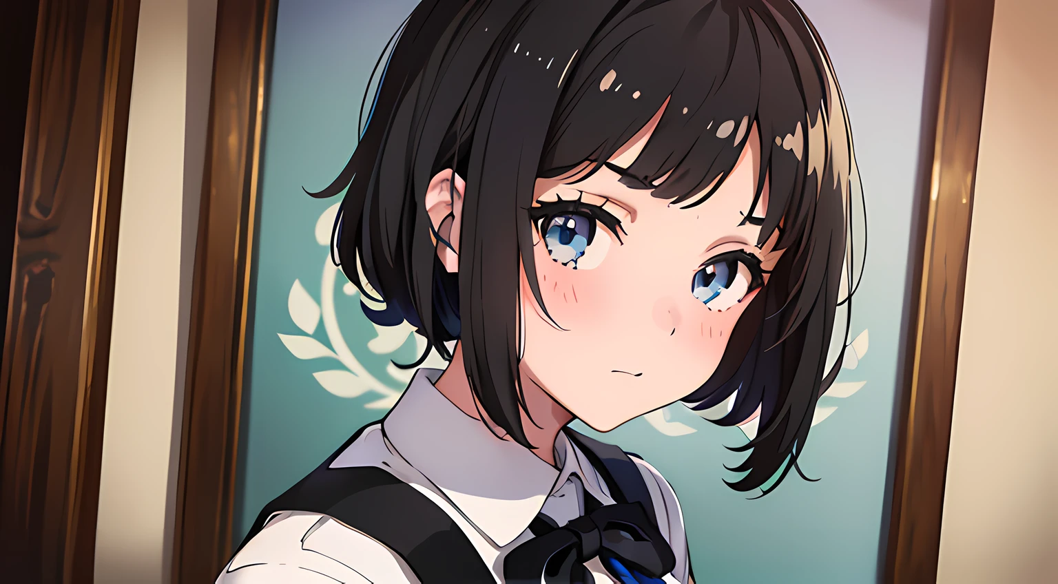 (1 girl in),(beautiful eyes finely detailed, Face finely detailed, white and black hair), wearing old school uniform, standing in front of bed, facial expression, looking at viewers, teasing at viewers, blush on her face, camera angle from front, masterpiece sidelighting, masterpiece, top-quality, detailed, full body photos, High resolution illustration